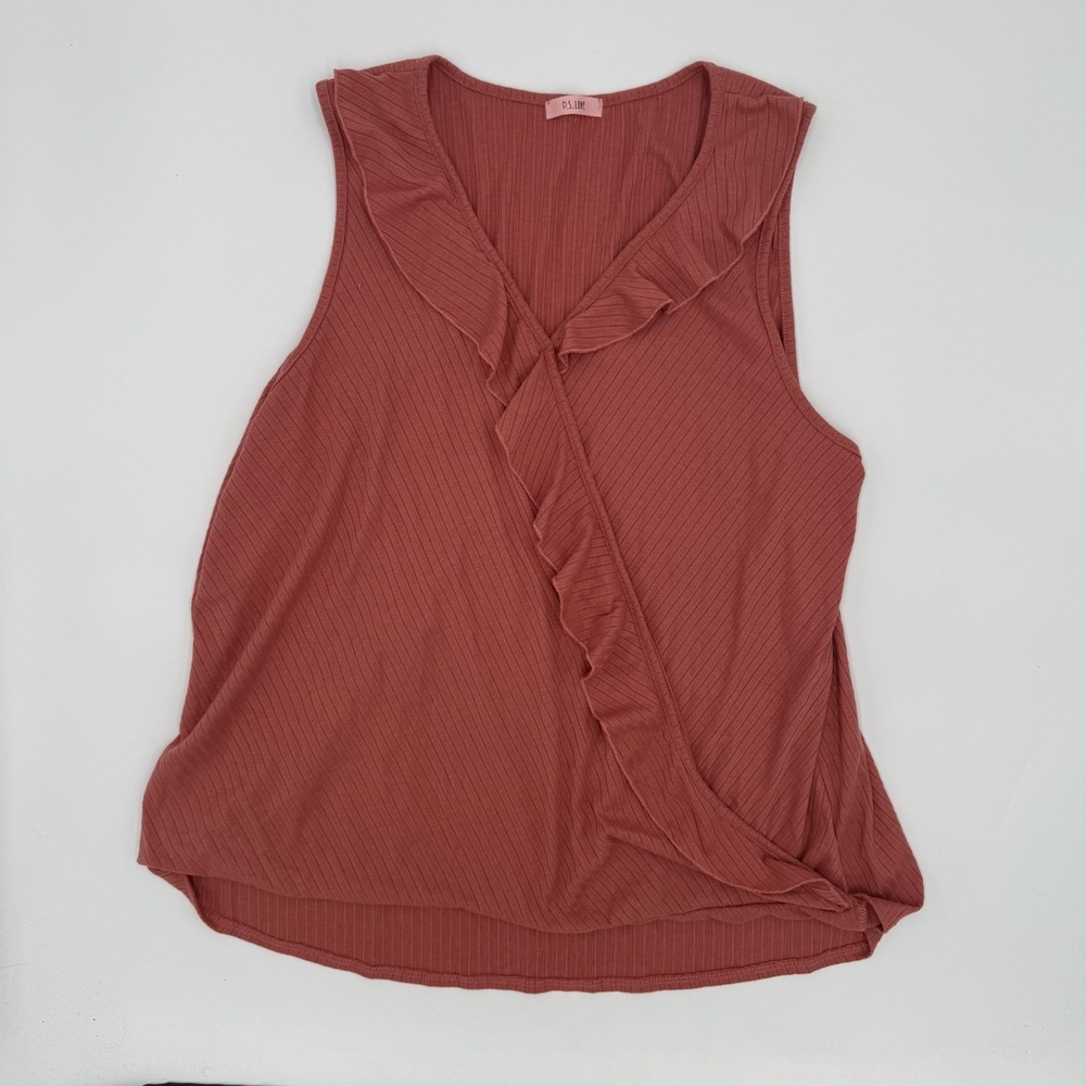 PS Love Knit Tank Top Womens 3XL Maroon Ruffle Front Sleeveless V-Neck Pullover